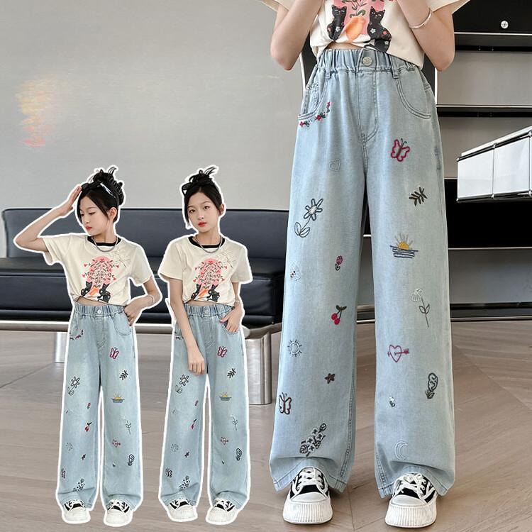 Ultradünne Sommerjeans Tencel Jeans für Mädchen Weitbeinige Hosen Straight Leg Hosen Lockere Hosen