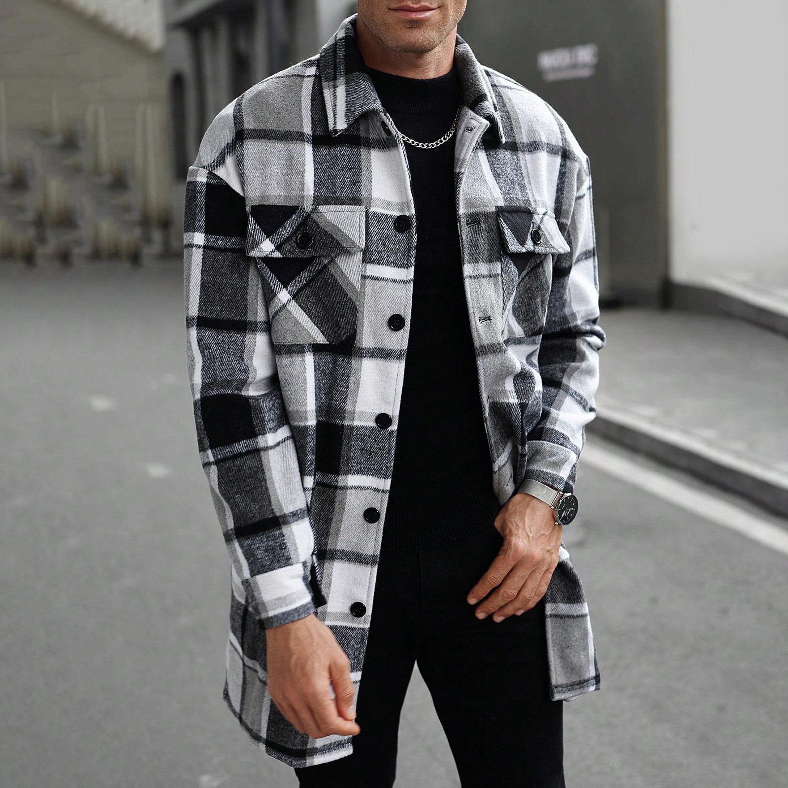 

Men s Long Coat Shirt Casual Sports Long Buttoned Double Pocket Windbreaker S чёрный