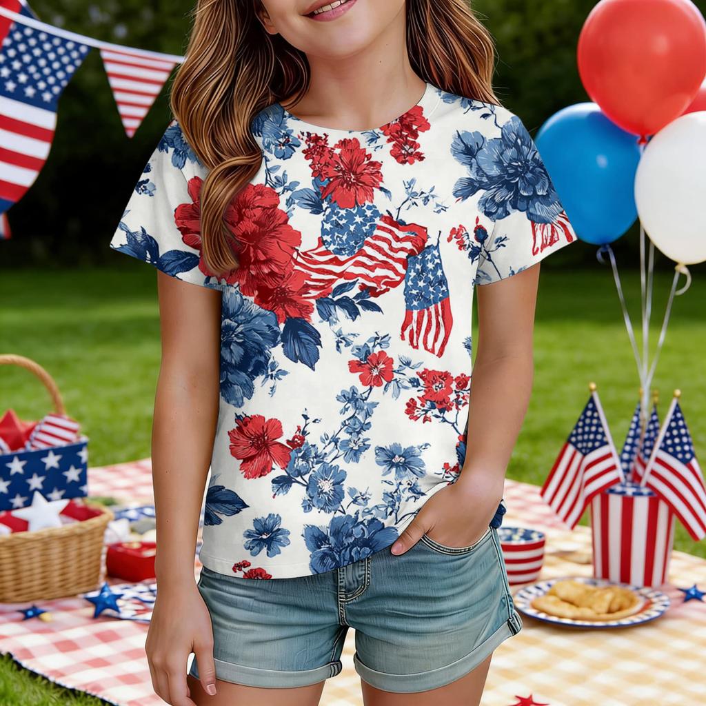 Kids Independence Day Print Round Neck Short Sleeve Casual T-shirt
