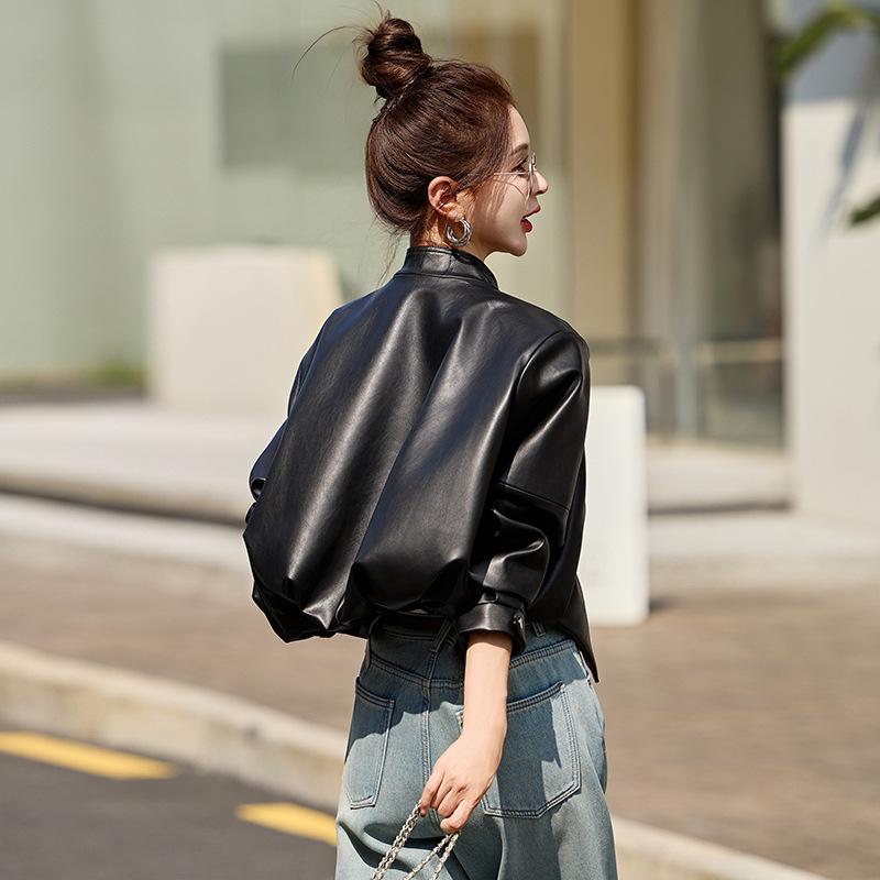 2025 Spring Women's High-End Petite Round Neck Loose Short Leather Jacket WA2513