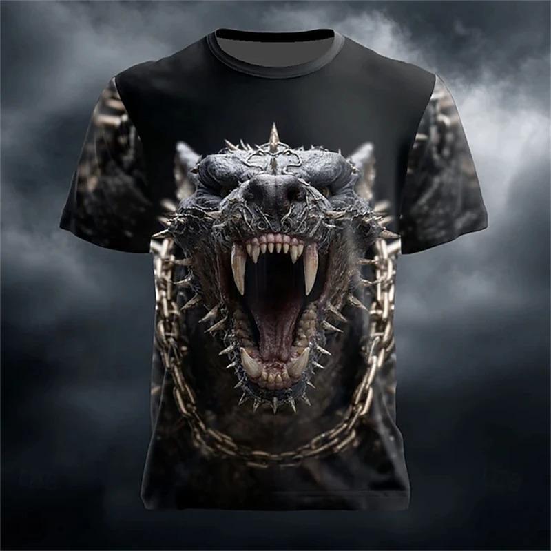 Summer Street Style Fashion T-Shirt Men's Urban Casual Short-Sleeve Top Outdoor Fierce Animal Prints Round Neck Pullover Tee