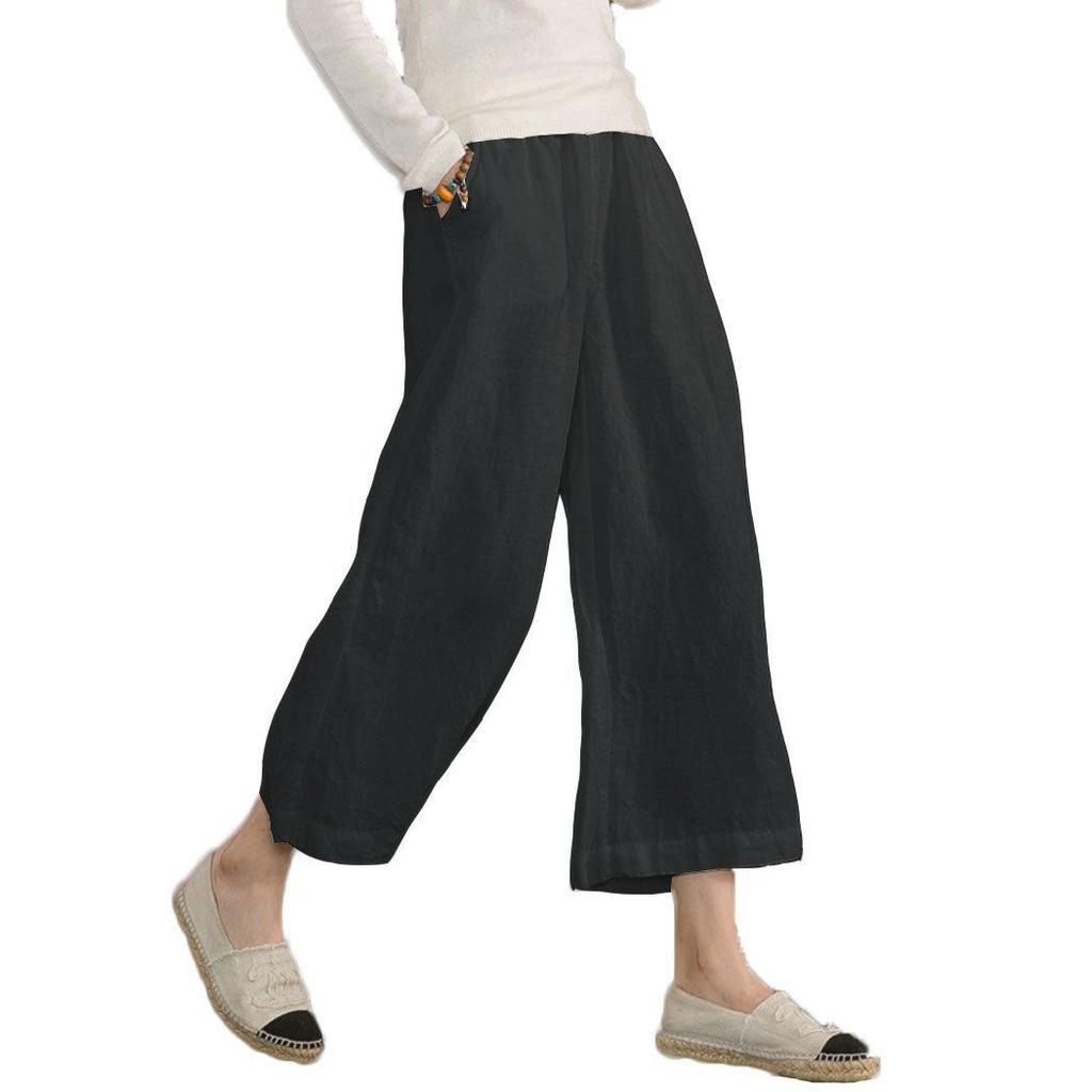 2026 New Women's Linen Cotton Wide Leg Pants, Elastic Waist Cropped Culottes for Spring Summer Casual Wear