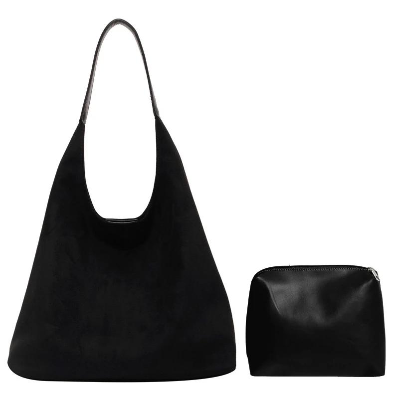 Autumn and Winter Vintage Women's Bag Large Capacity Suede Shoulder Bags Solid Color Simple Casual Commuter Bag Retro Handbag