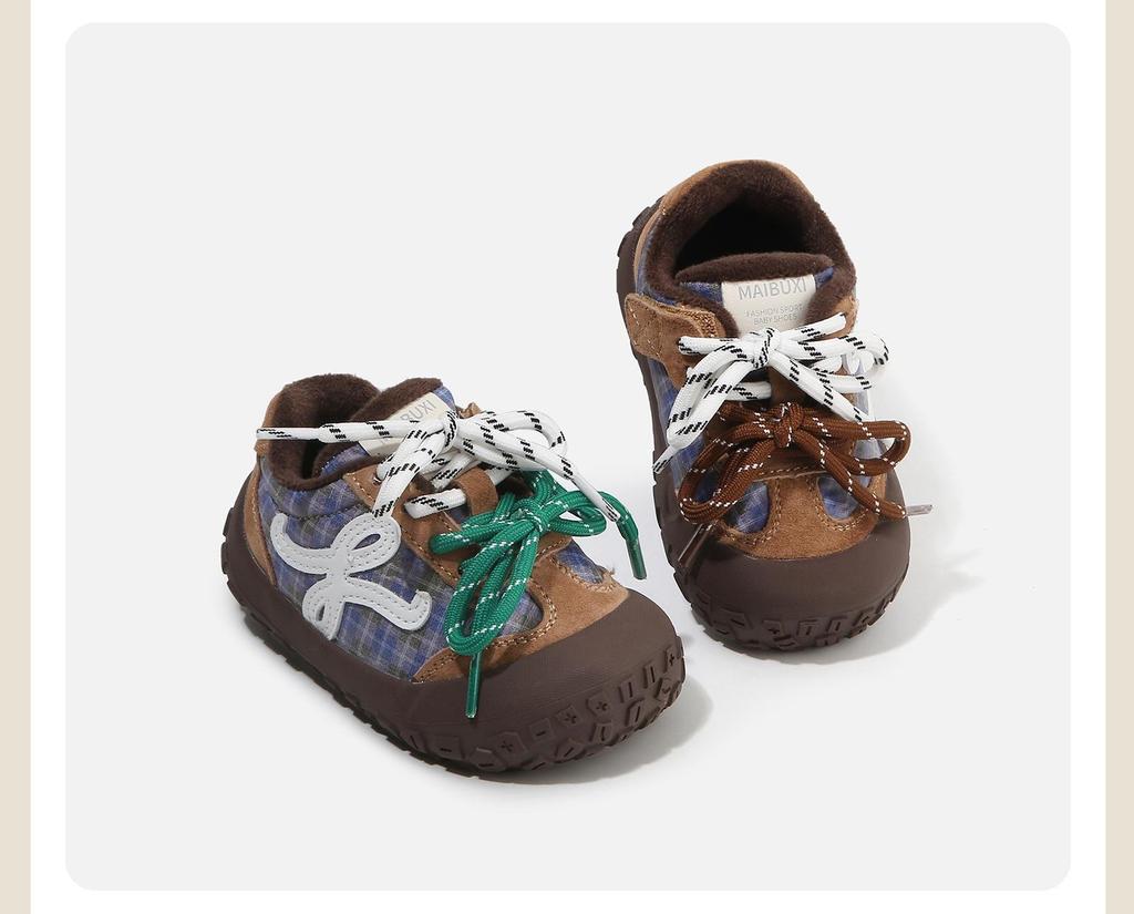 Kids' Cotton Spliced Upper Sports Shoes: Winter Plaid Walking Shoes with Double Shoelaces for Boys and Girls