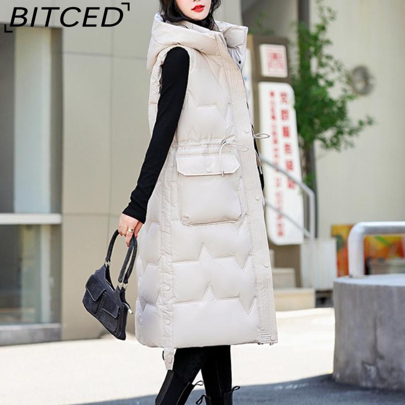 

BITCED Women s Plus Size Long Down-Filled Quilted Vest with Hood, Thickened Sleeveless Coat for Autumn/Winter M белый