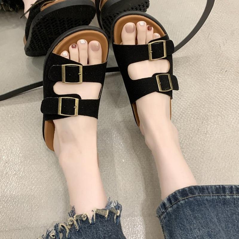 

Large size flat slippers women s summer belt buckle outer wear beach sandals women 35 чёрный