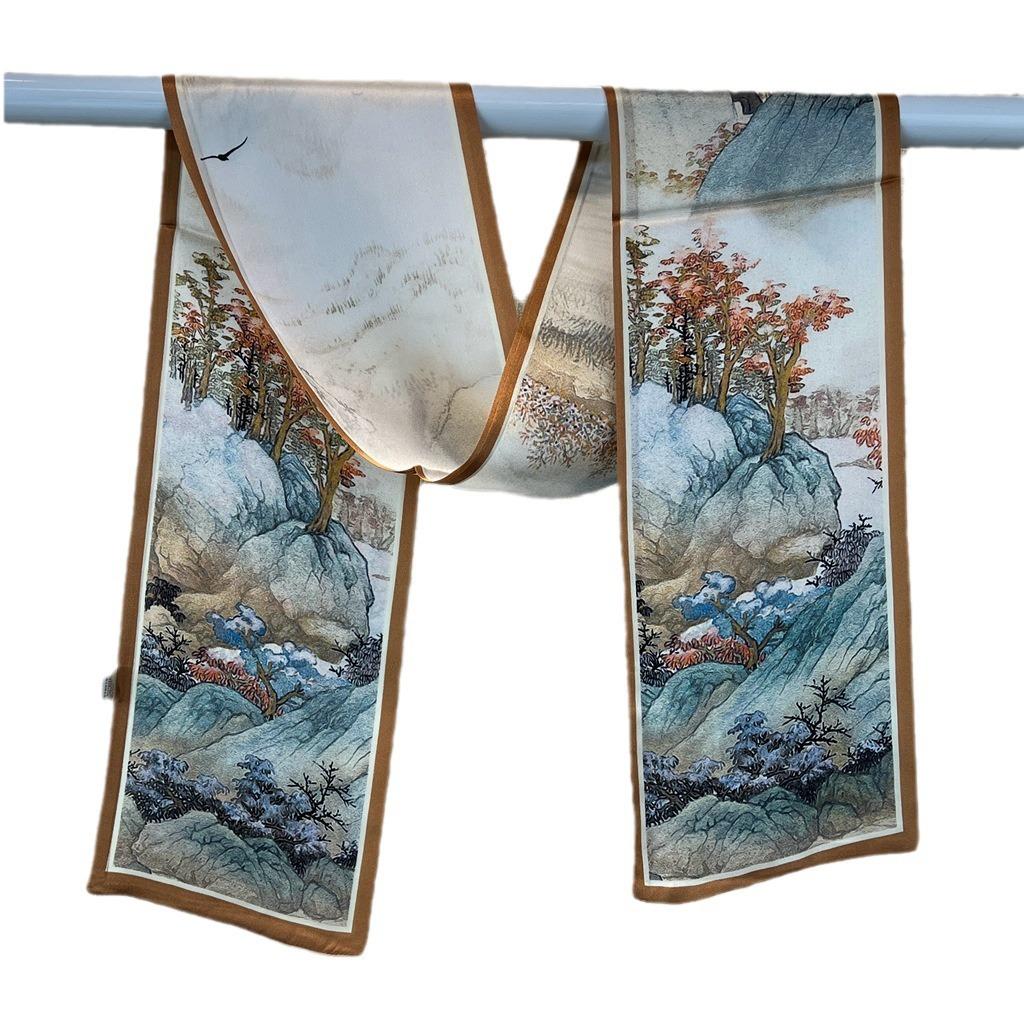 Silk Mulberry Silk Scarf, National Style Ink Painting, Versatile Double-Layer Double-Sided Silk Scarf, Thin And Narrow Scarf, Streamer.