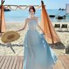 · Blue Melancholy Pure Desire Wind Backless Strap Long Dress French Dress Design Super Fairy Travel Vacation Long