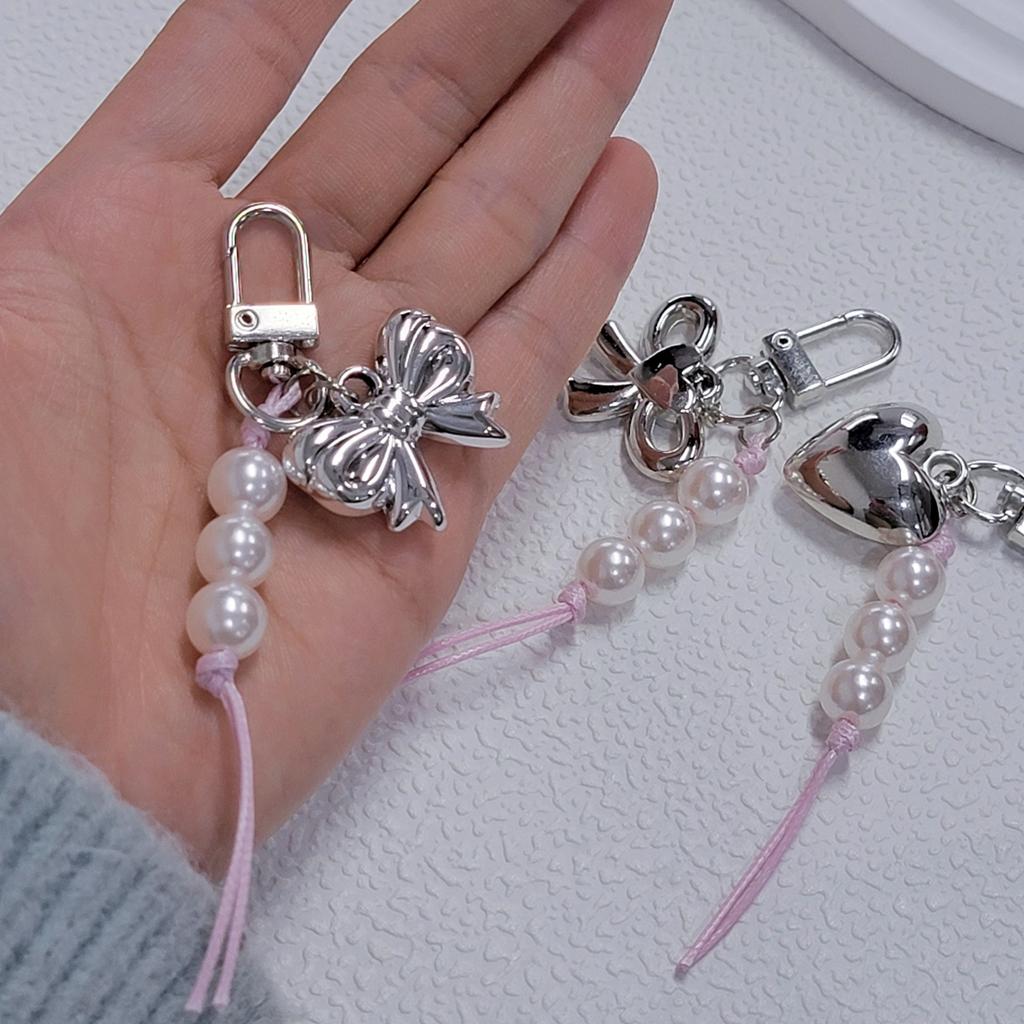 Stylish Bowknot Heart Pendant Pearl Beads Cellphone Lanyard Stylish Bag Accessory Lovely Keychain Jewelry for Girls