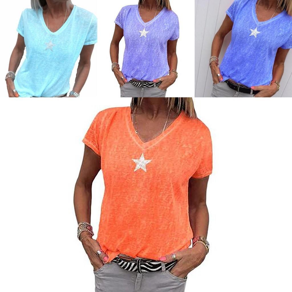 Stylish Women V-neck T-shirt Casual Loose Star Summer Shirts Solid Short Sleeve Perfect For Outdoor Activities