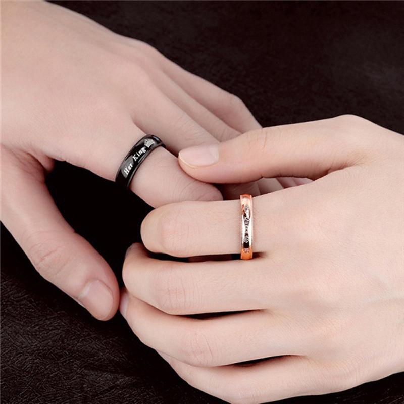 His Queen Her King Rhinestones Studded Crown Stainless Steel Ring For Lovers