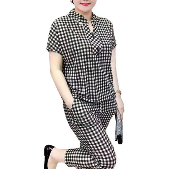 Women's Plaid 2 Piece Outfits Sleeve Top And Button Short Cropped Skinny Pants Matching Set Summer