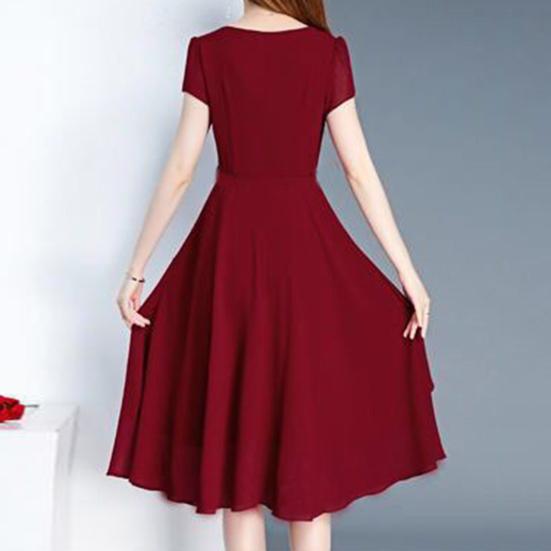 Dress O-Neck Short Sleeve Lace Elegant Dress Layered Hem Midi Up A-line Dress Streetwear