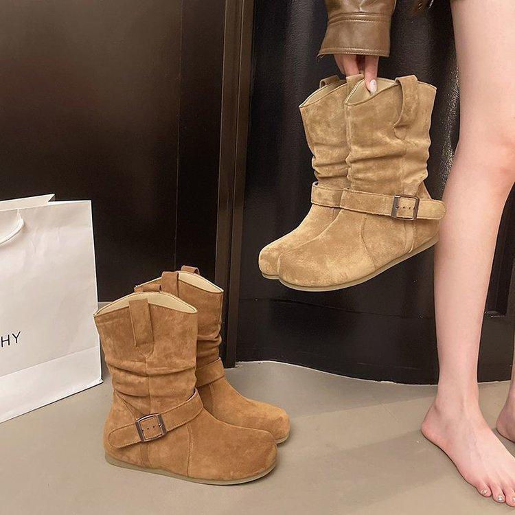 Western cowboy boots Martin boots women's shoes retro suede buckle 2025 new summer design pleated small short boots