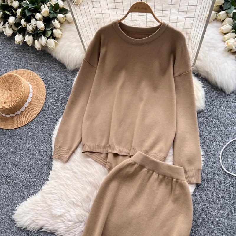 Tvådelat set Damkläder Mild Stil Lättslappig Lös passform Pullover O-hals Långärmad Stickad Tröja Midi Bodycon Kjolar