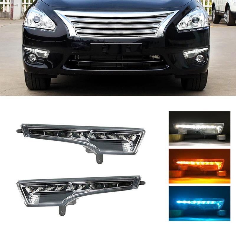 ABLZ-White DRL LED Daytime Running Light Assembly Amber Turn Signals& Blue Low Beams For Nissan Teana Altima 2013-2015