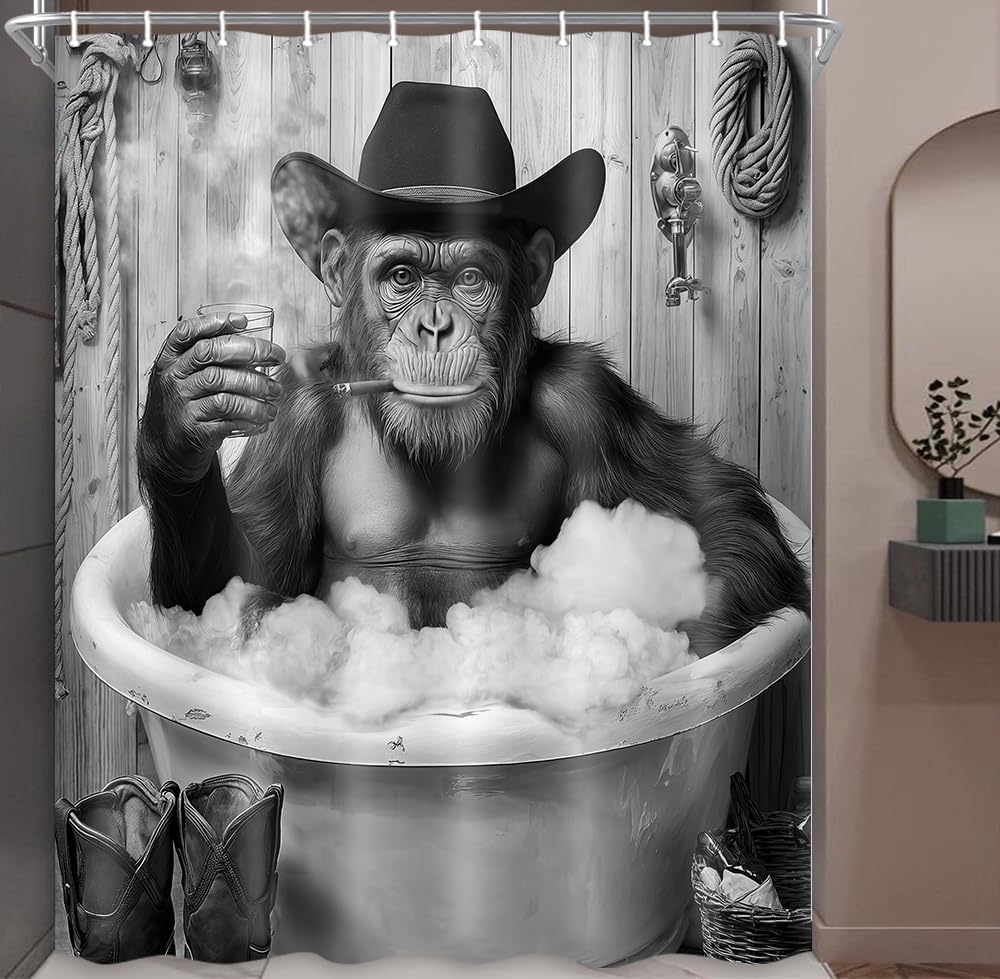 Funny Monkey Shower Curtain Black White Fun Western Cowboy Gorilla Bathtub Farmhouse Rustic Cool Animal Funky Chimpanzee