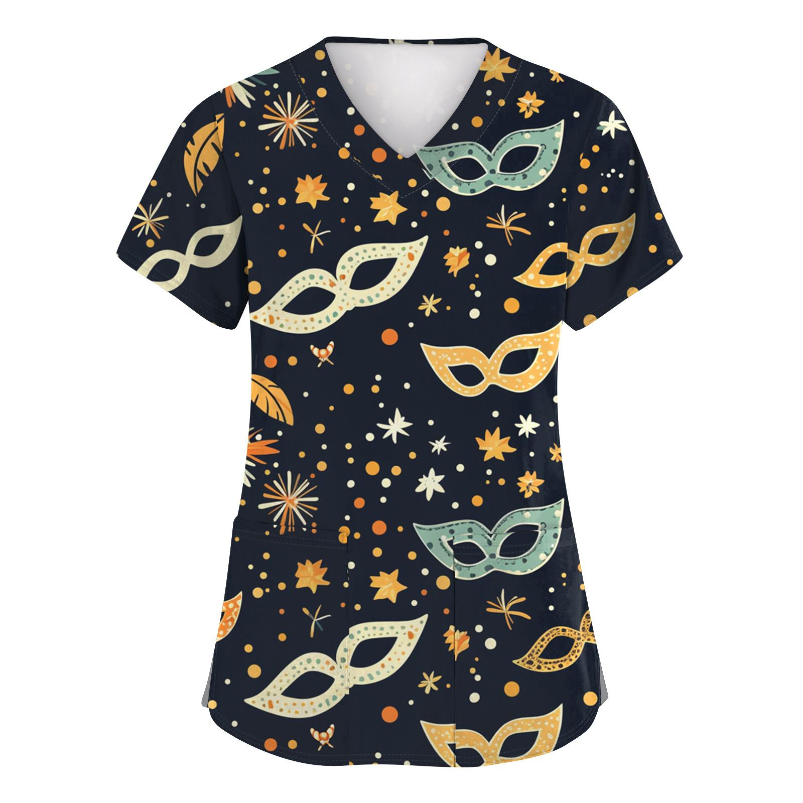 

Жіноча модна блуза з коротким рукавом, принтом карнавалу, V-подібним вирізом, кишенею, робоча XXL Темно-синій
