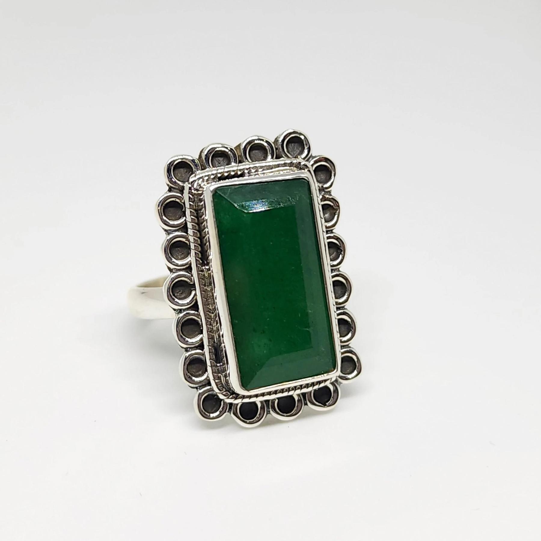 

Rectangle Rich Green Emerald 925 Sterling Silver Ring Jewelry, Native Style Boho Design Emerald Ring Jewelry 10 срібний
