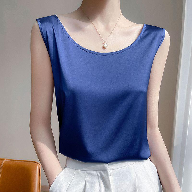 Women's Loose Silk Camisole Vest - Sleeveless Satin Round Neck Top for Summer