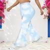 Women Plus Size High Waist Light Blue White Cloud Printed Full Length Flared Pants