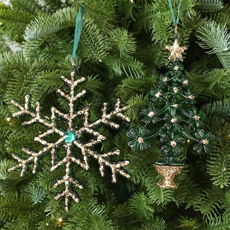 Green and Gold Hanging Christmas Decorations with Varied Holiday Motifs, Frosted Finish, and Integrated Ribbons for Seasonal Arrangements