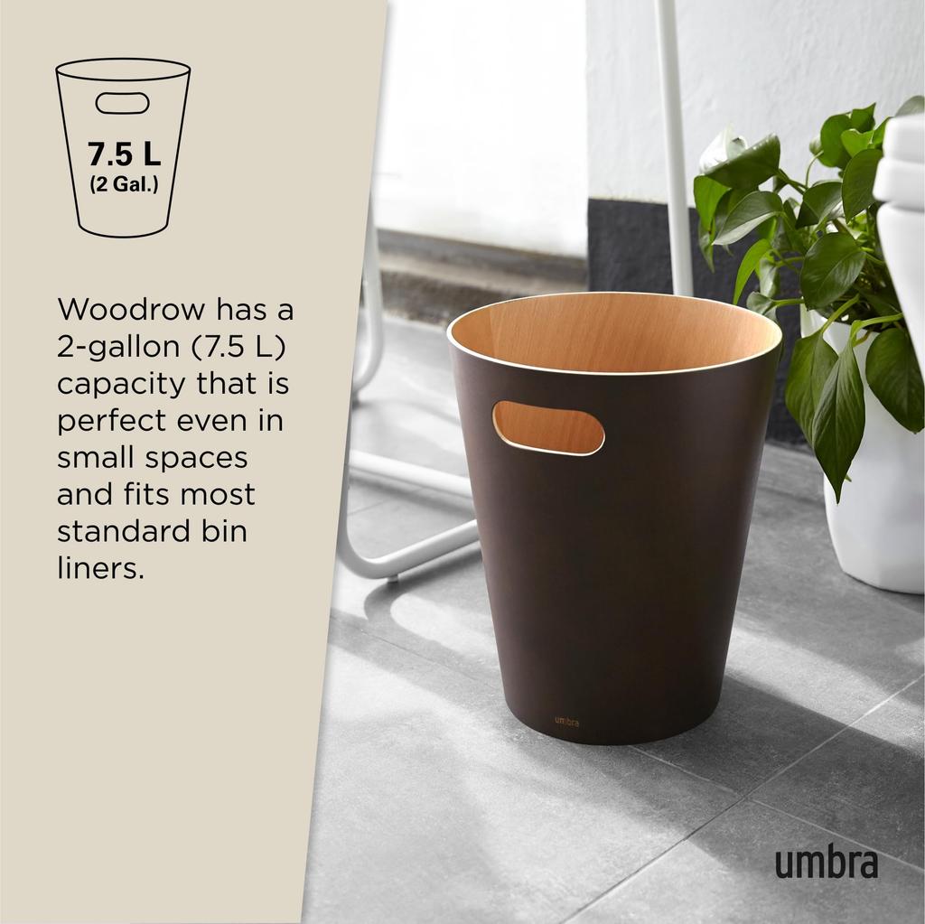 Umbra Woodrow Lidless Wooden Trash Natural Solid Stylish Light Espresso Can, Round, Pail, Can, Dustbin, Bentwood, Wood, Design, 7.5L,