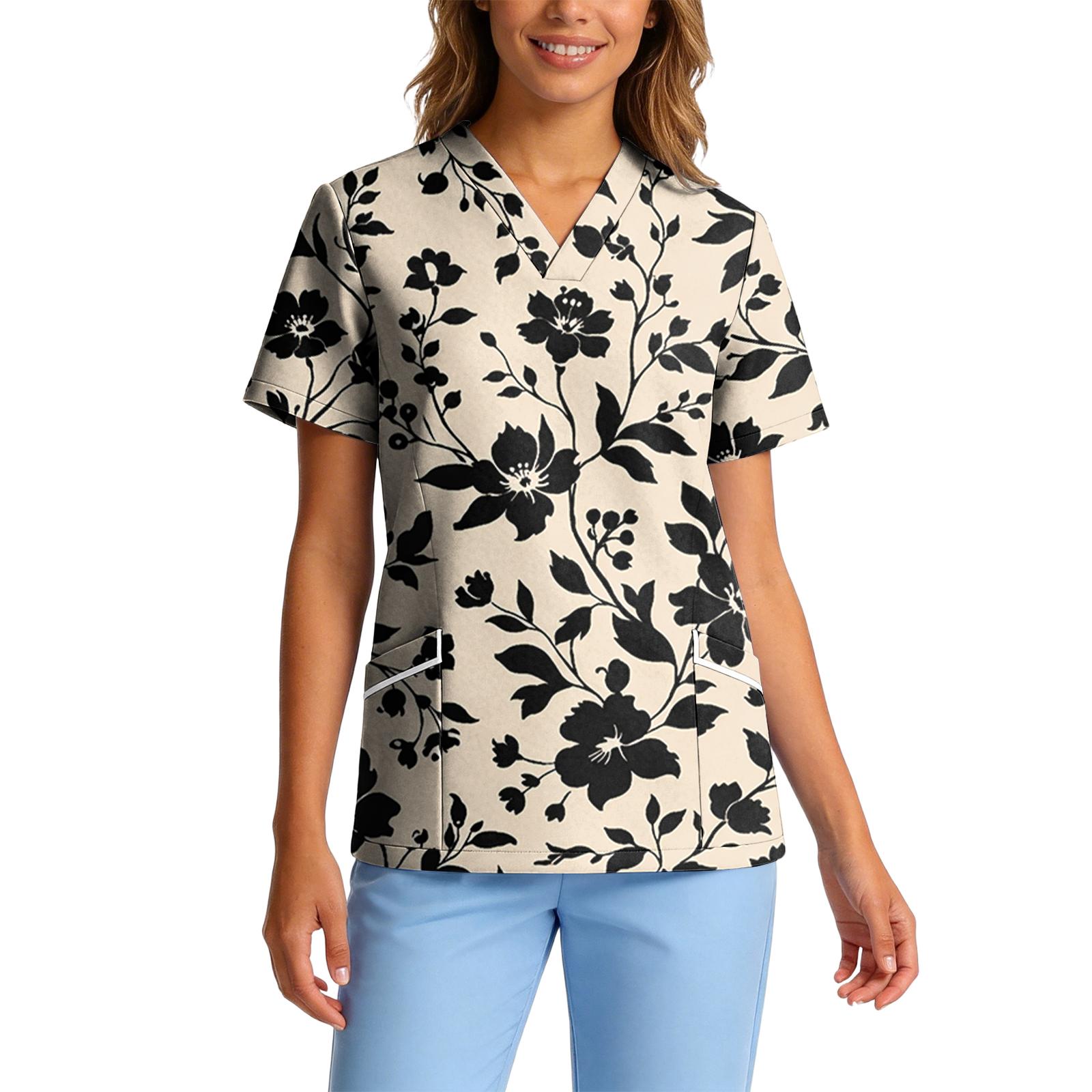 

Women s Stretch Quick-Dry V-Neck Short Sleeve Workwear Top with Floral Print & Pockets L бежевый