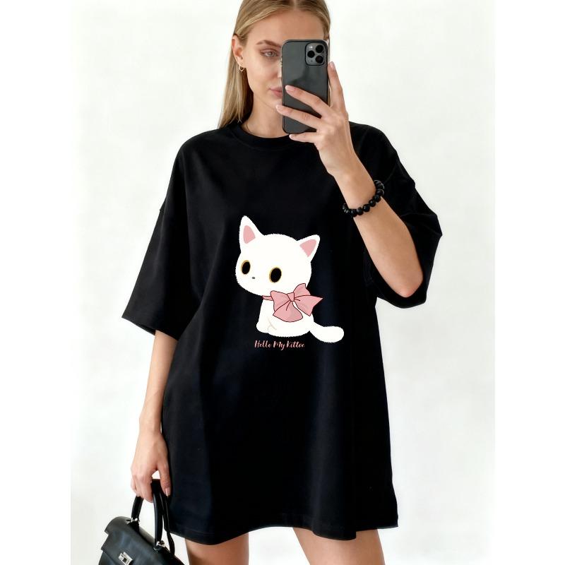 Oversized T Shirt Black Cute White Cat With Pink Bow And Hello My Kitten Text Graphic Print Casual Wear For Women Summer Outfit Streetwear Fashion