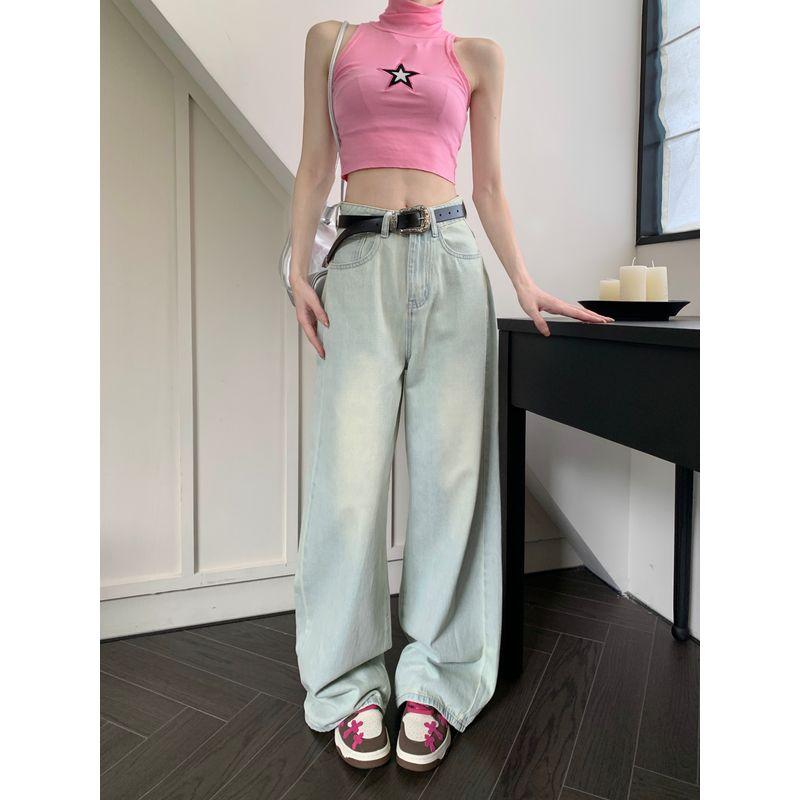 Small Washed-out Vintage Light Blue Denim Pants Female High Waist Loose Pants Loose Mop Pants Ins Summer