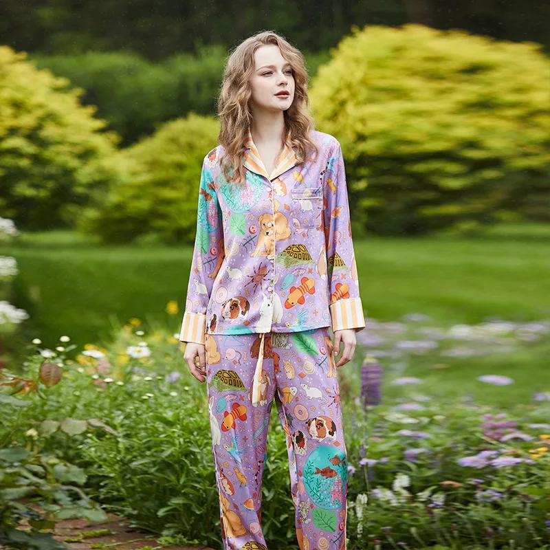 

Новая пижама женская домашняя одежда брюки с длинными рукавами с отворотом весенне-осенний атласный костюм из ледяного шелка XL