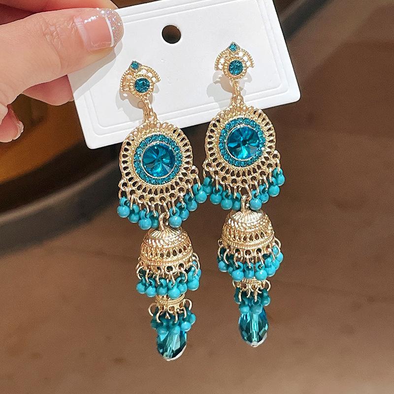 Boho Niebieskie Długie Kolczyki z Frędzlami Damskie Premium Świąteczne Wietrzne Haczyki na Uszy Retro Etniczne Wietrzne Kolczyki