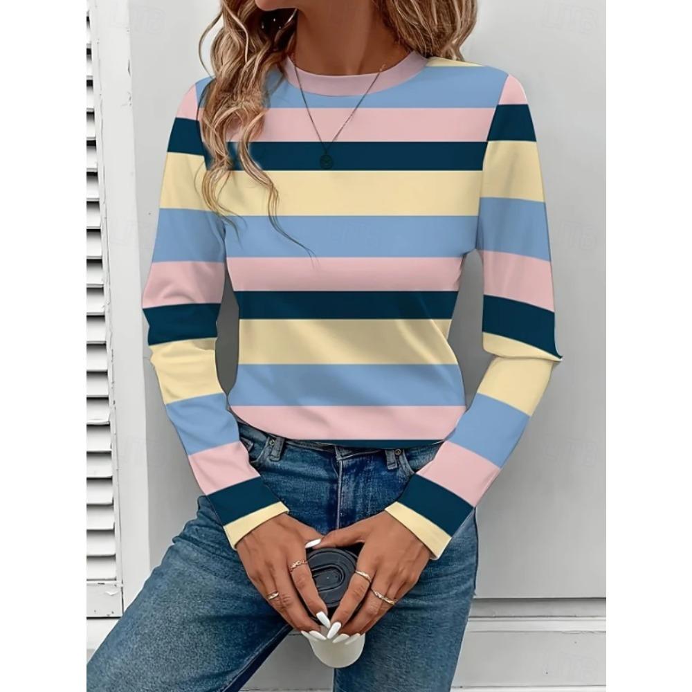 Tops for Women Striped Pattern Round Neck Long Sleeve T-shirt Fall Casual Slim Pullover Women's Long Sleeve Top