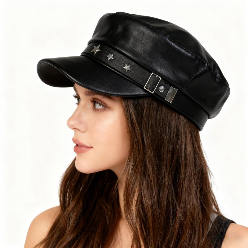 1pc Women Beret Cap with Black Star Embroidery,Solid Color Retro Hat,Korean Style Casual Flat Top Newsboy Hat for Outdoor,Travel