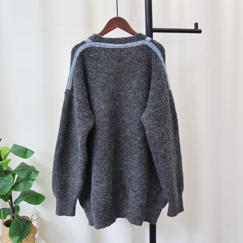 Splicing Denim Pocket Knitted Cardigan Autumn and Winter New Loose Lazy Wind Sweater Jacket Women