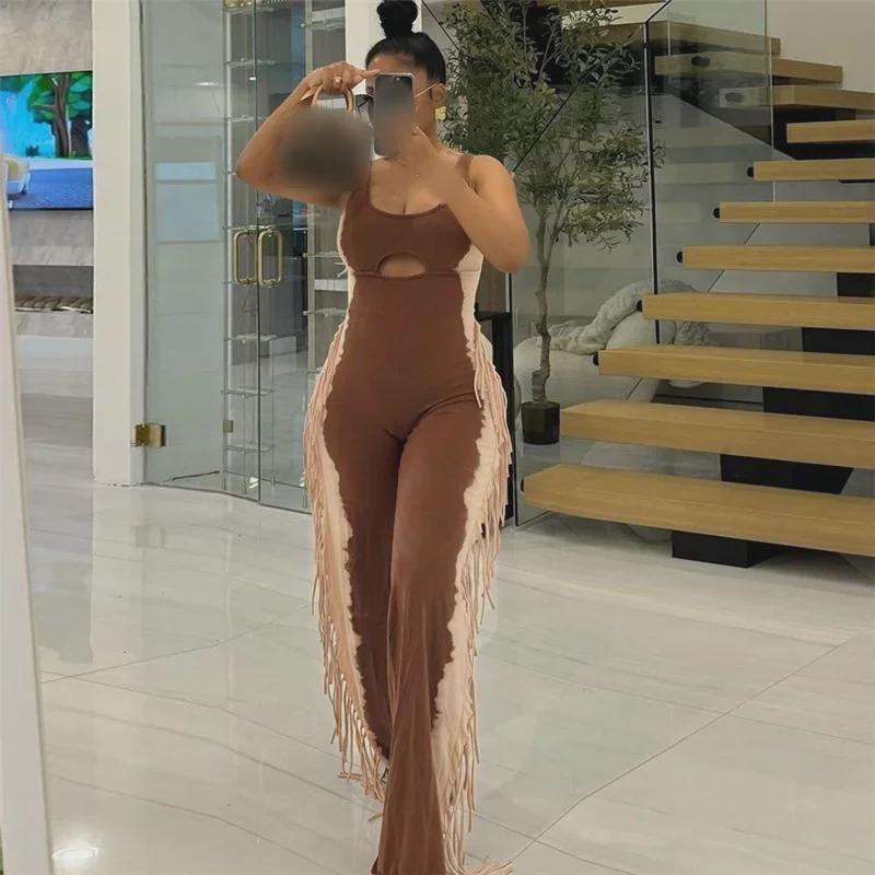 

Осенний повседневный комбинезон 2024 года с кисточками и вырезом на груди Small коричневый