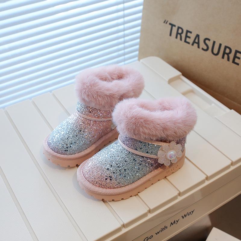 Cizme de zăpadă de iarnă pentru fete 2023: Piele și blană nouă, catifea plusată, model mare din bumbac pentru copii