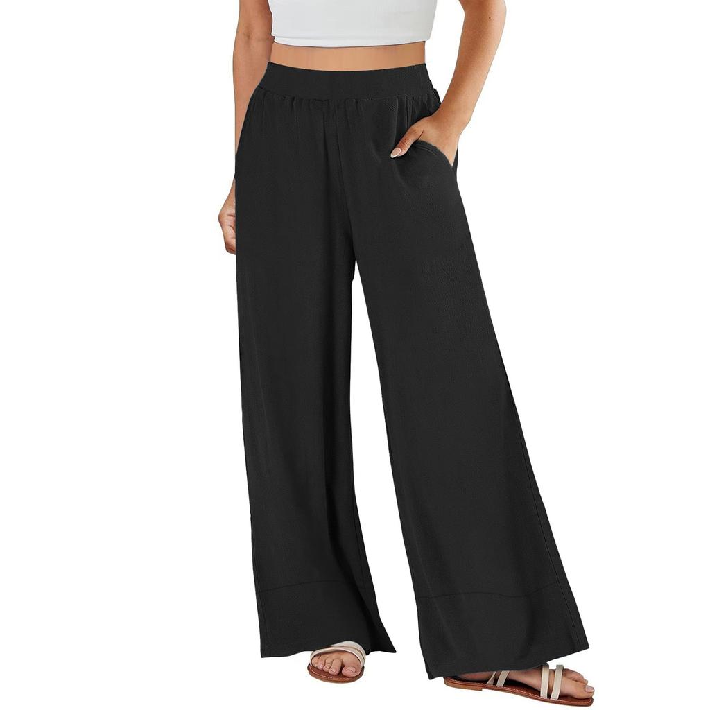 Women's Loose High-waisted Cotton And Linen Solid Color Straight-leg Flared Pocket Wide-leg Pants