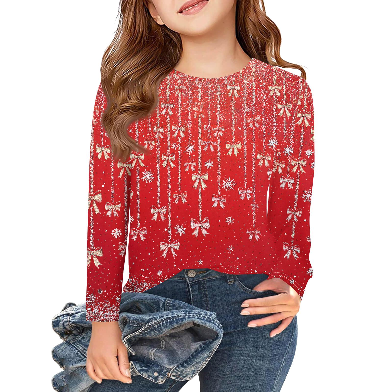 

Рождественские футболки с длинным рукавом для девочек, детские осенние топы с круглым вырезом и принтом, базовые футболки 160 арбуз красный