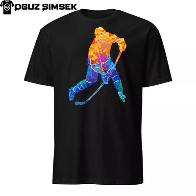Abstraktes buntes Silhouette Eishockeyspieler Unisex T-Shirt Herren Damen T-Shirts Oberteil Kurzarm Sport T-Shirt