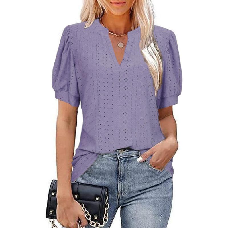 QICED Moda feminina casual cor sólida estampa manga curta blusas e camisas com decote em V