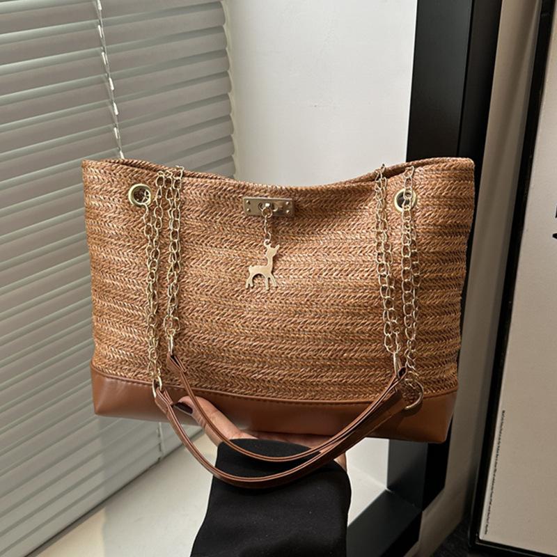 

Повседневная плетеная сумка большой вместимости женская 2025 летняя соломенная сумка для морского отдыха пляжная сумка сумка через плечо коричневый