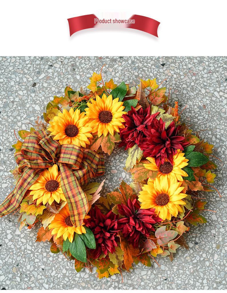 Autumn Harvest Sunflower & Maple Leaf Wreath for Thanksgiving Doorway Decoration