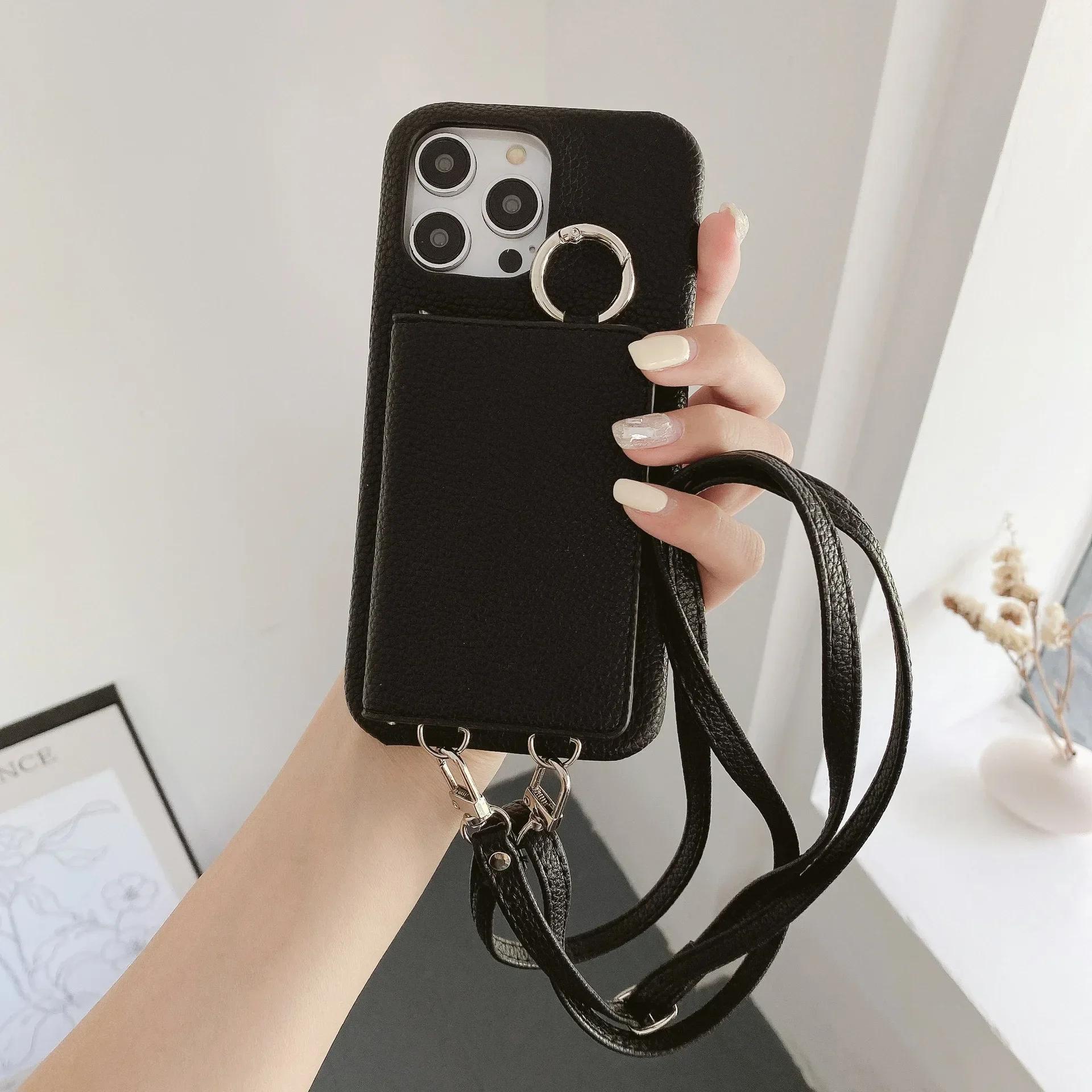 

Ring Holder Mirror Card Slot Case For iPhone 16E 17 Air 16 15 14 13 12 11 Pro Max Plus Crossbody Wallet Lanyard Leather Cover iPhone 13 Pro