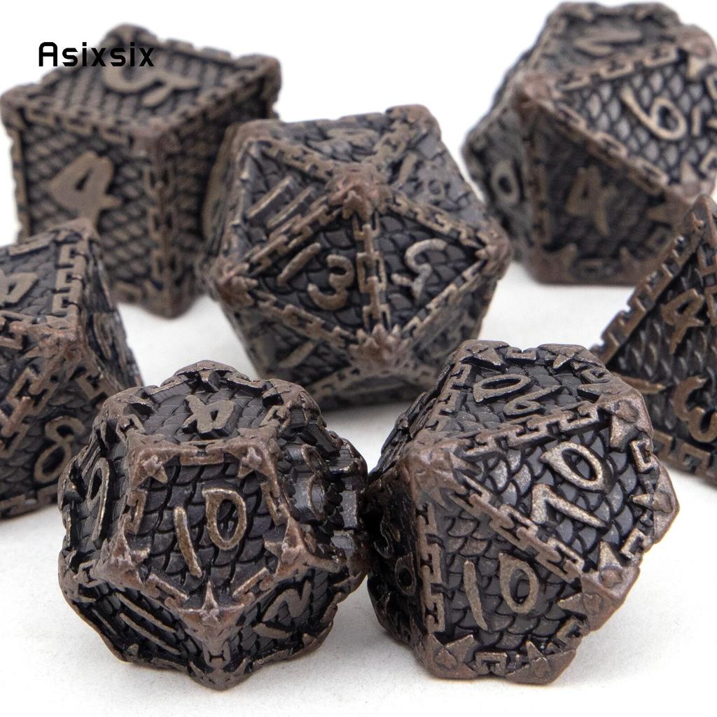 7 Stück braune Fischschuppen-Metallwürfel aus massivem Metall, polyedrisches Würfelset, geeignet für Rollenspiele, RPG-Brettspiele, Kartenspiele