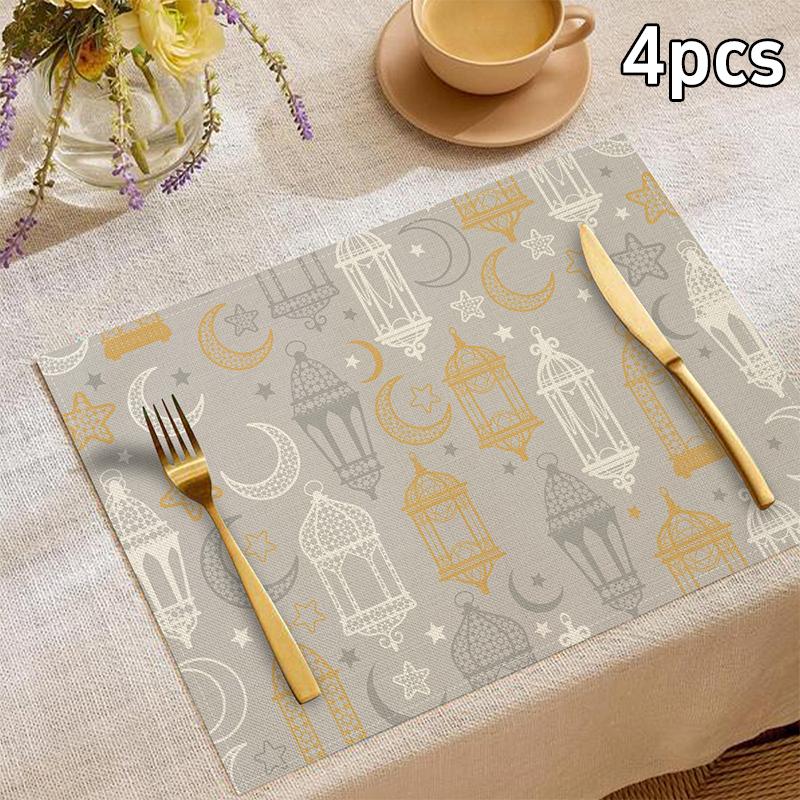 Islamic Style Moon Architecture Linen Table Mat Middle East Ramadan Rectangular Heat-resistant Placemat Accessories Cute Gifts