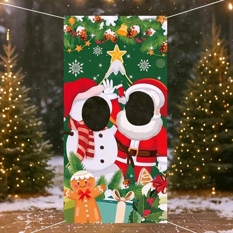 

1pc Large Christmas Banner Santa Claus Snowman Design Green Golden Winter Wonderland Polyester Backdrop Festive Party Decor