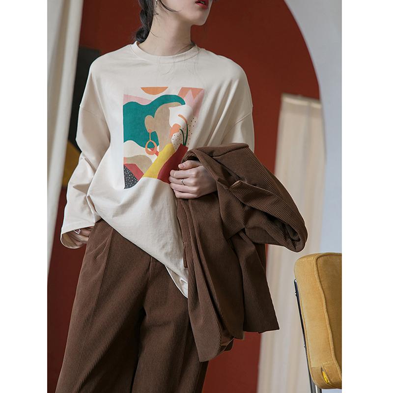 Hirsionsan Vintage Printed Long Sleeve T-shirt Women Loose 100% Cotton O-neck Tees Female Chic Aesthetic Graphic Pullover 2023