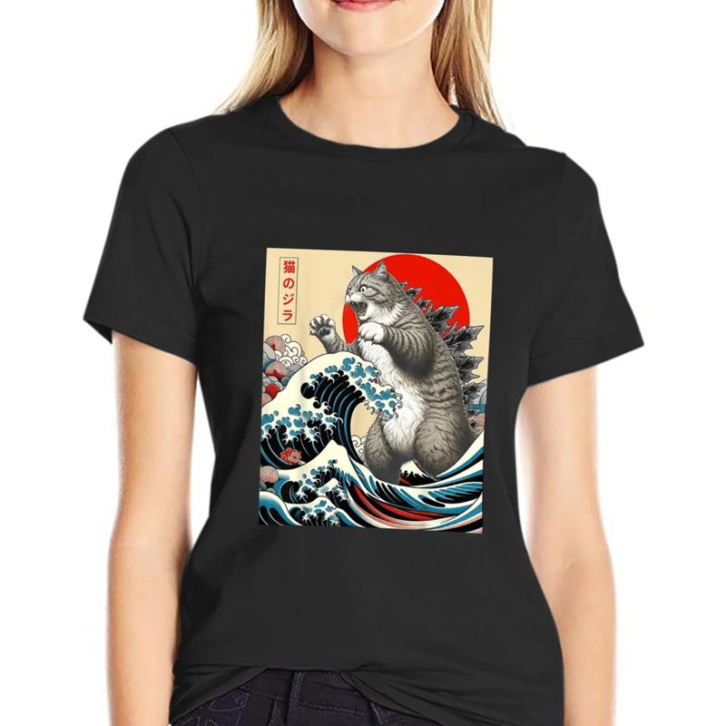 Anime Japanese Art Catzilla Cat Funny Cat Summer Sport T-Shirt Unisex Cartoon T Shirt O-neck Tops Tees Fashion Fitness T Shirt