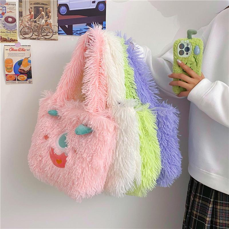 Cute Cartoon Monster Plush Tote Bag With Zipper Closure For Daily Use Student Girls